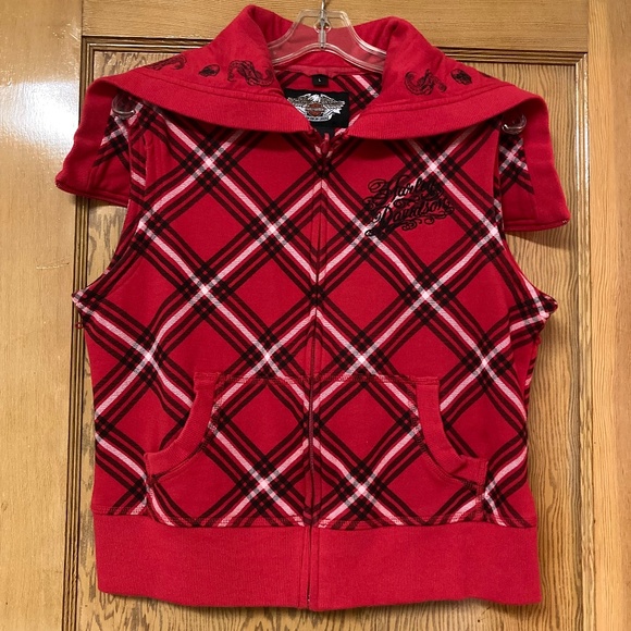 Harley-Davidson Red Plaid Hooded Biker Vest Split Zip Hood M/L Embroidered - Picture 2 of 14